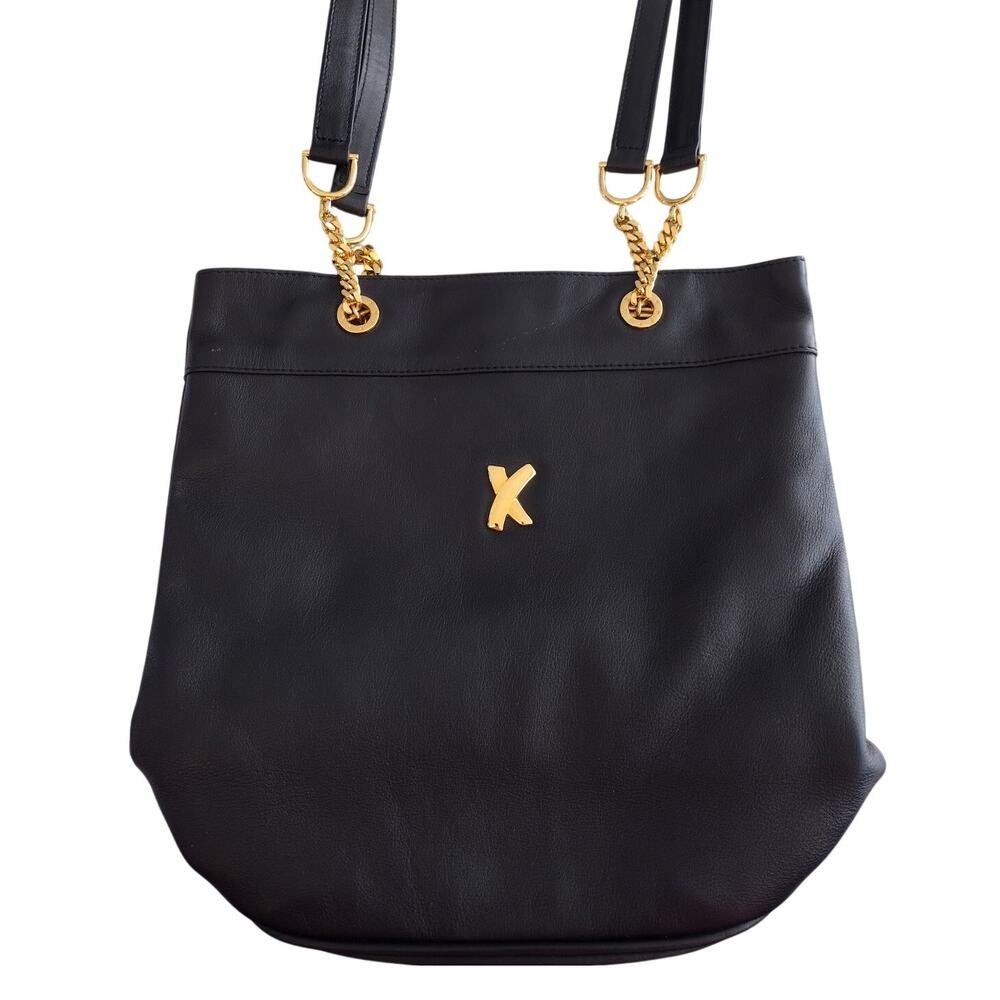 Vintage Paloma Picasso Black Leather Gold Hardware Bucket Bag Purse Italy Luxury